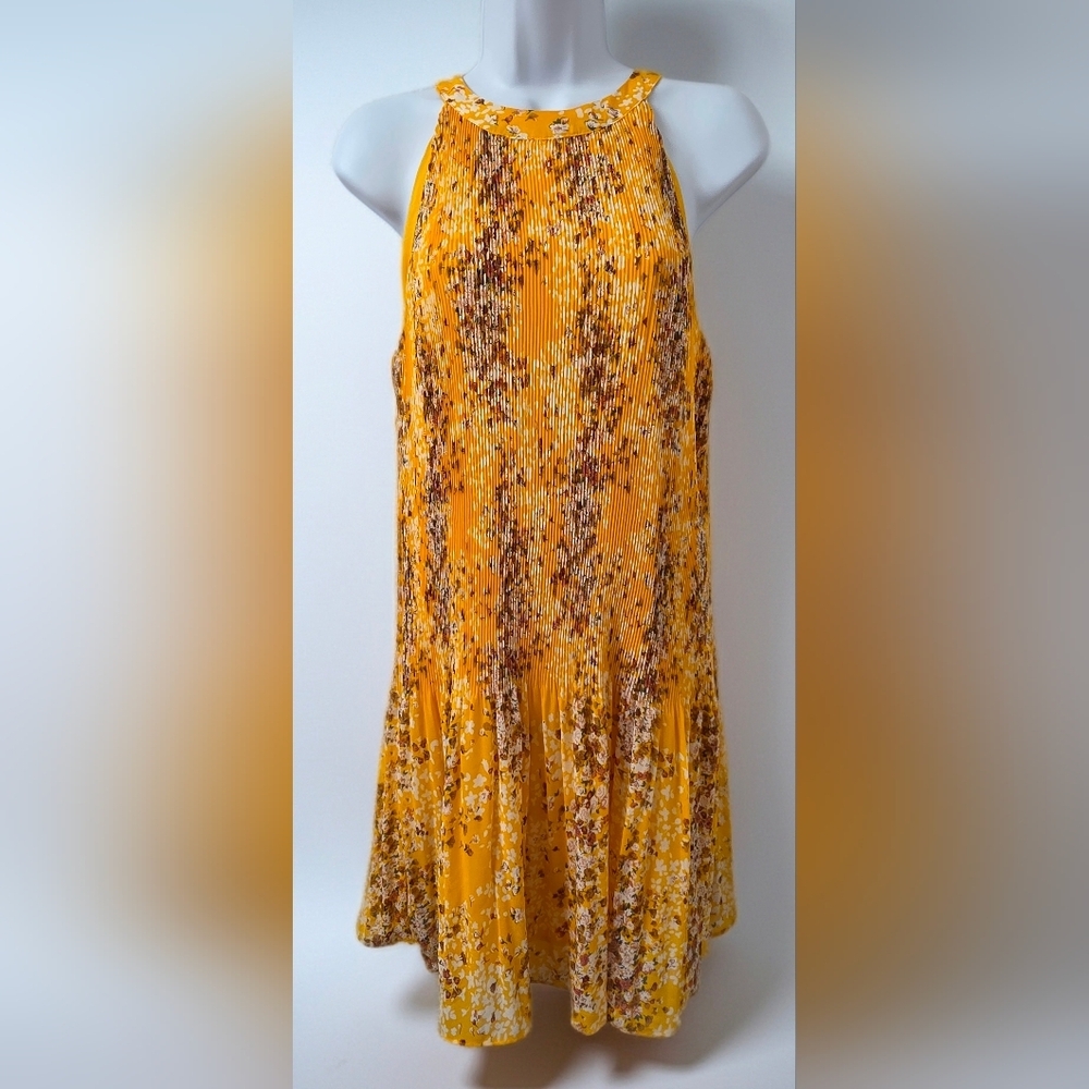560. Maison d'Amélie Yellow Pleated Floral Halter Mini Dress- Medium - Picture 2 of 5